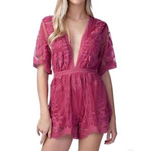 Dainty Hooligan Raspberry Lace Mesh Shorts Romper Jumper